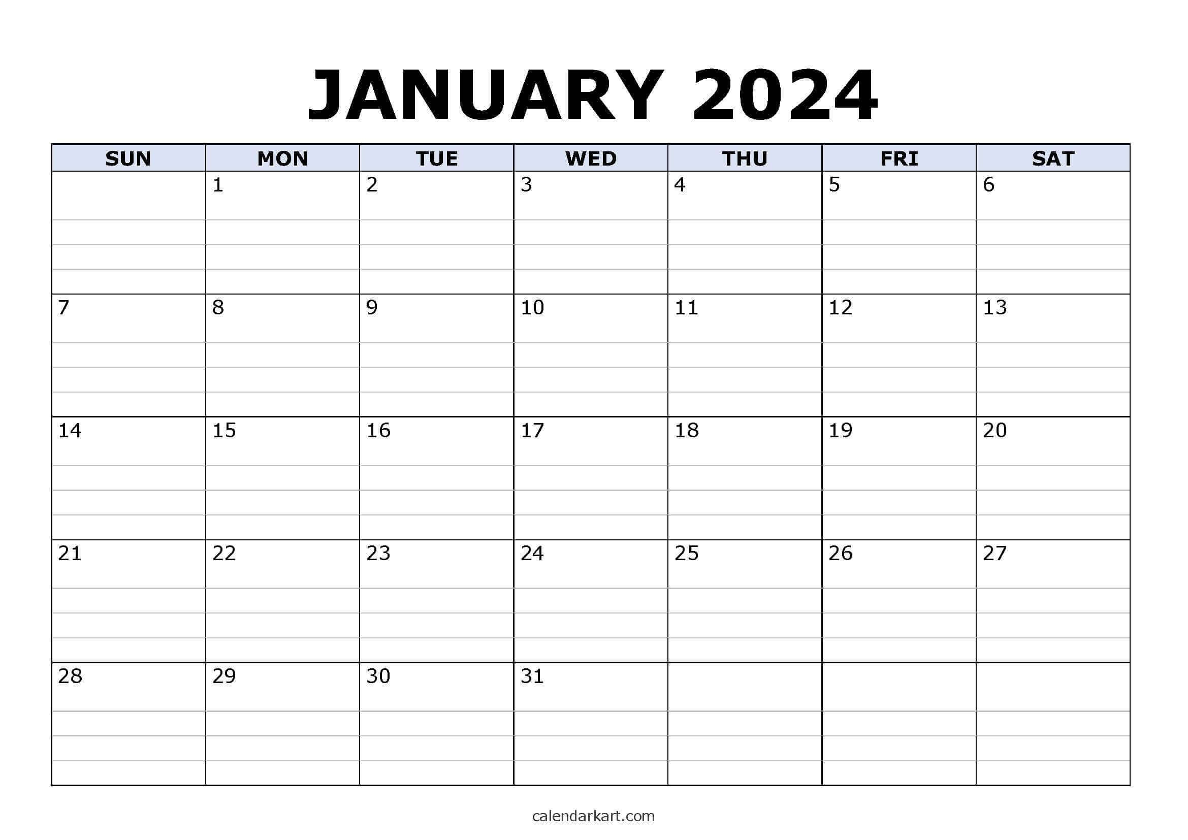 Free Printable January 2024 Calendars - Calendarkart with Free Printable Calendar 2024 Grid