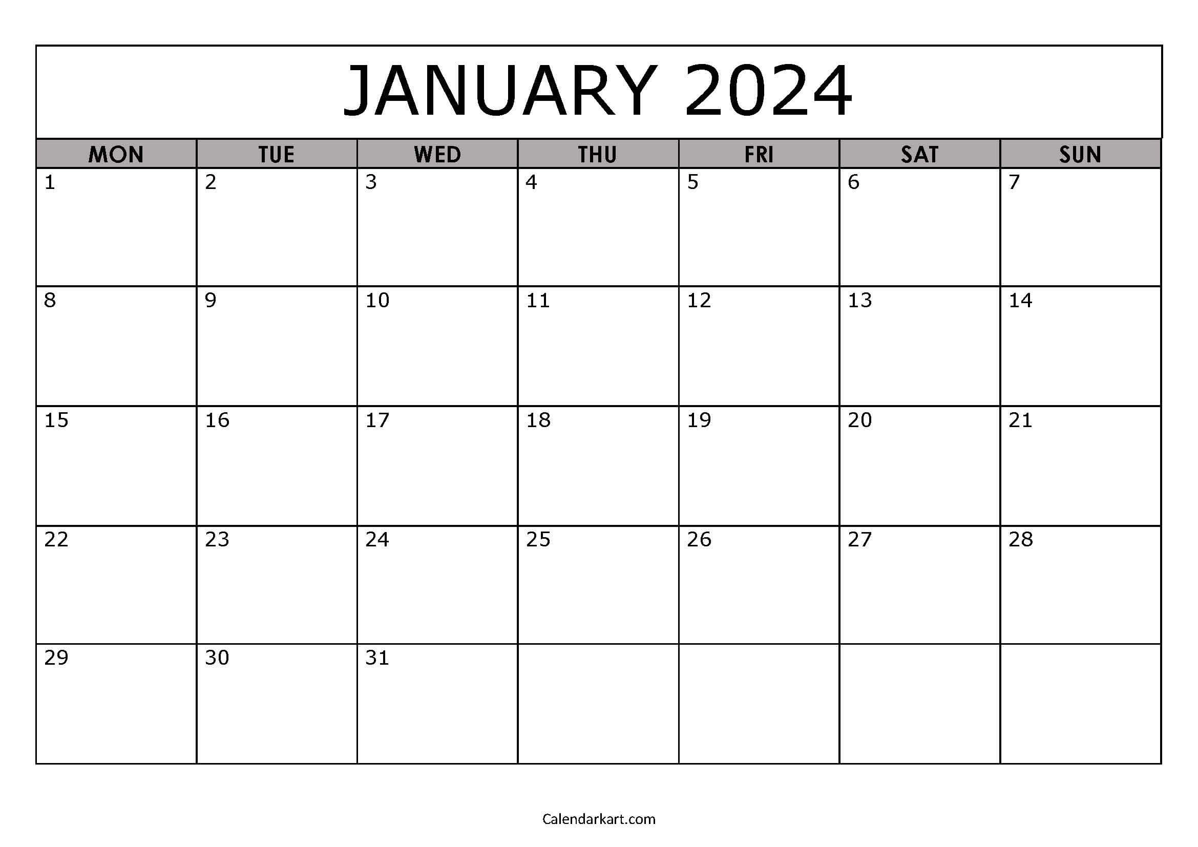 Free Printable January 2024 Calendars - Calendarkart with regard to Free Printable Calendar 2024 Starting With Monday