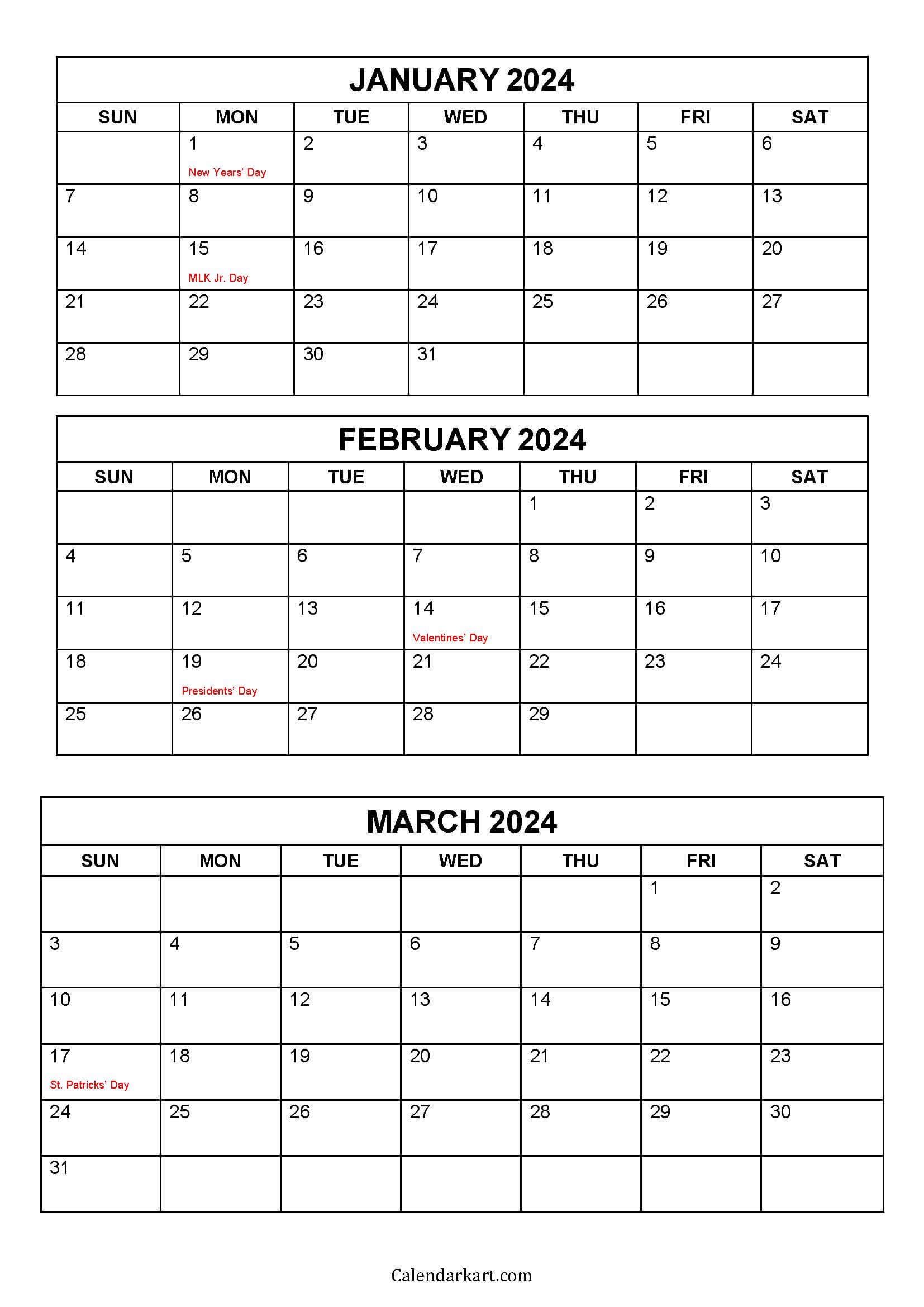 Free Printable January To March 2024 Calendar - Calendarkart for Free Printable Calendar 2024 3 Months Per Page