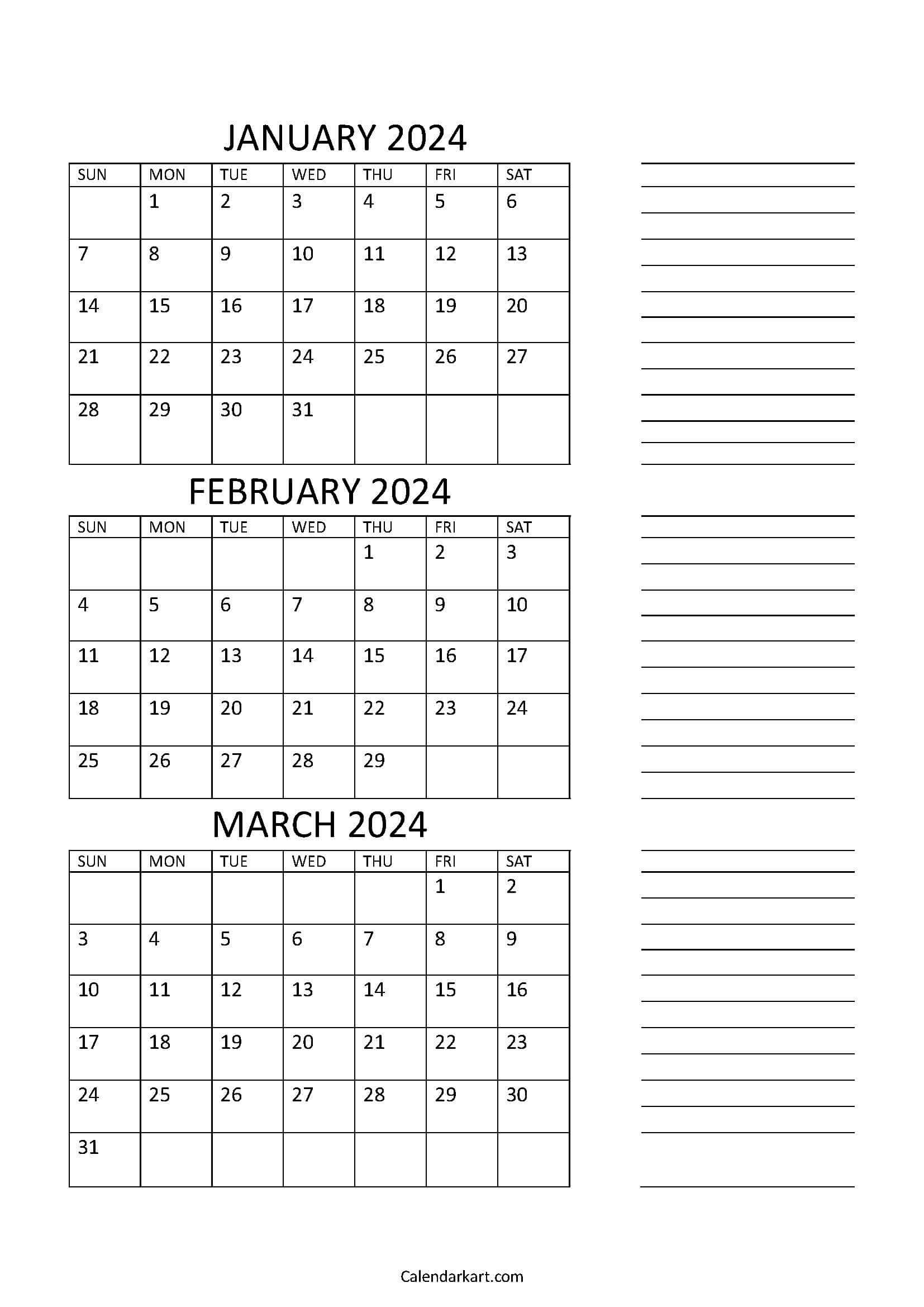 Free Printable January To March 2024 Calendar - Calendarkart with Free Printable Calendar 2024 3 Month Calendar