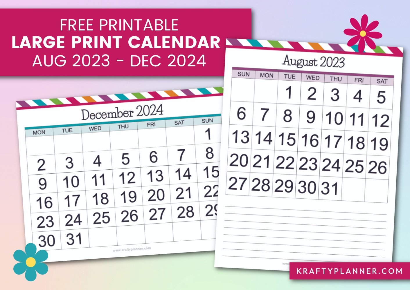 Free Printable Large Print Calendars: August 2023 - December 2024 in Free Printable Calendar 2024 Big Numbers