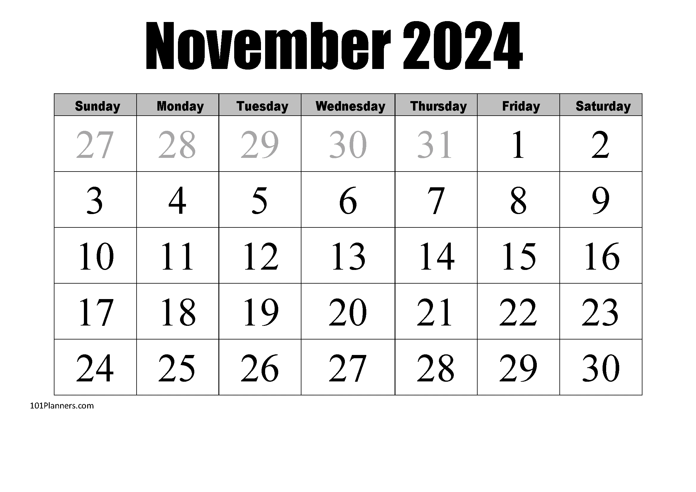 Free Printable November 2024 Calendar | Customize Online inside Free Printable Blank Calendar November 2024 Bullet Journal