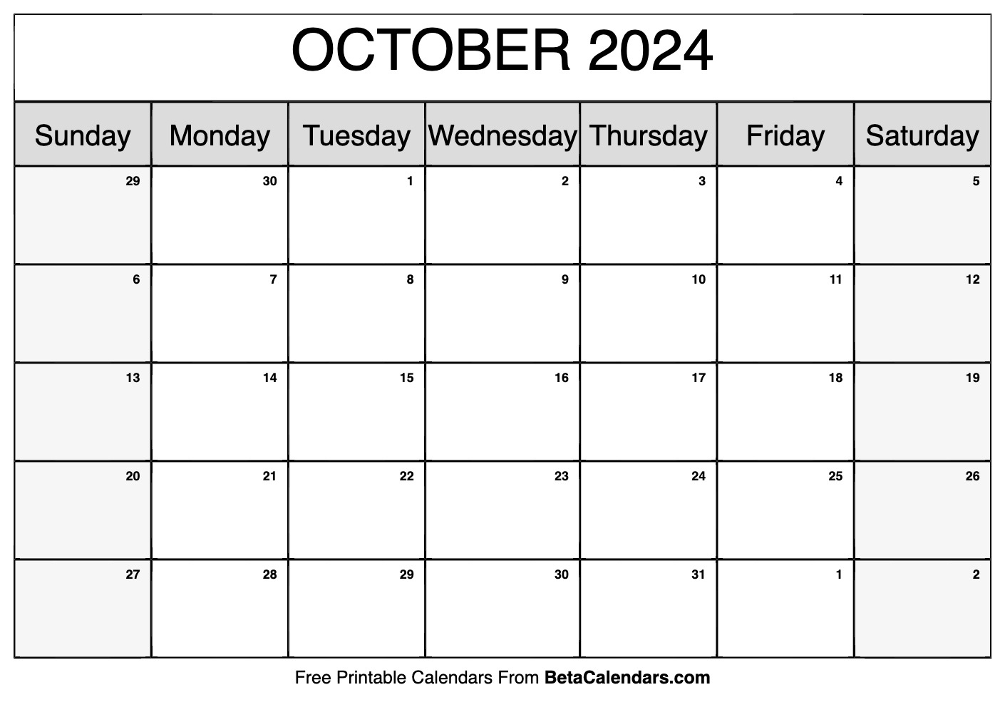 Free Printable October 2024 Calendar with regard to Free Printable Blank October Calendar 2024