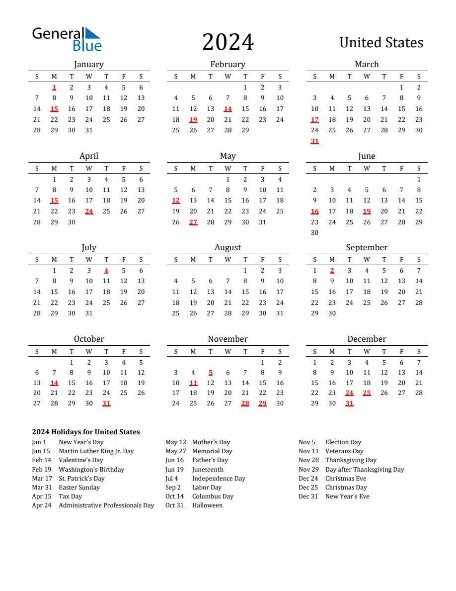 Free United States Holidays Calendar For Year 2024 regarding Free Printable Calendar 2024 With Us Holidays
