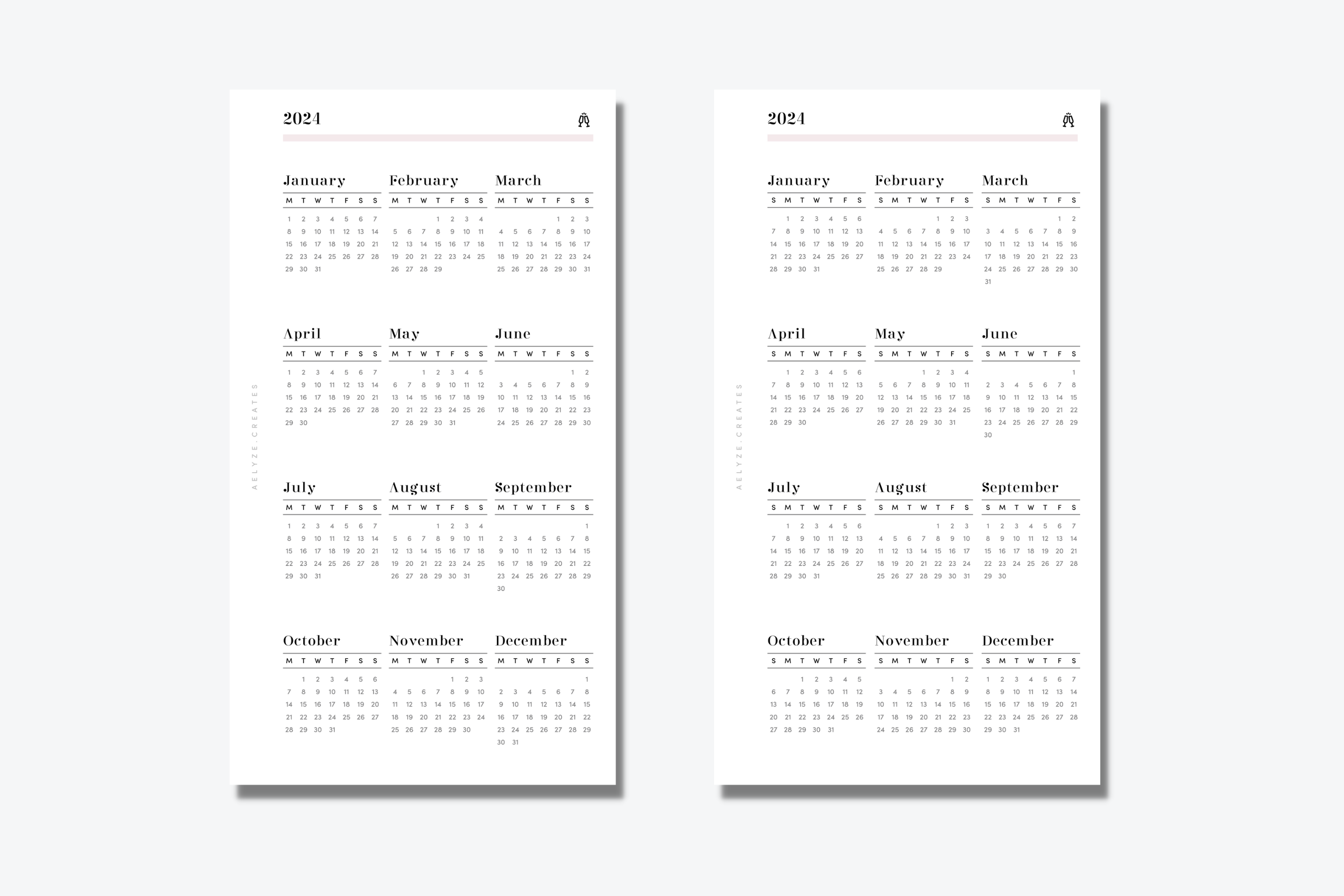 Freebie - All Sizes - 2024 Glance - Aelyzecreates inside Free Printable Calendar 2024 A4 Size