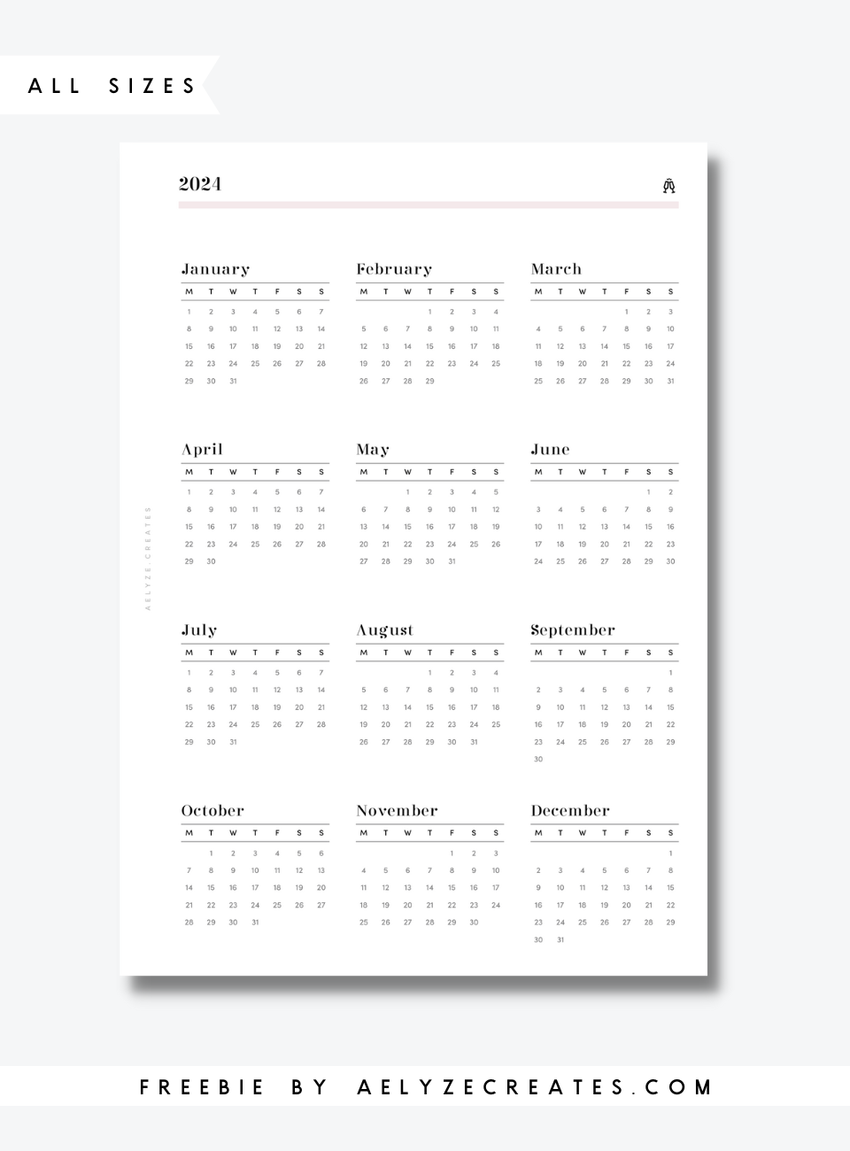 Freebie - All Sizes - 2024 Glance - Aelyzecreates intended for Free Printable Calendar 2024 A4 Size