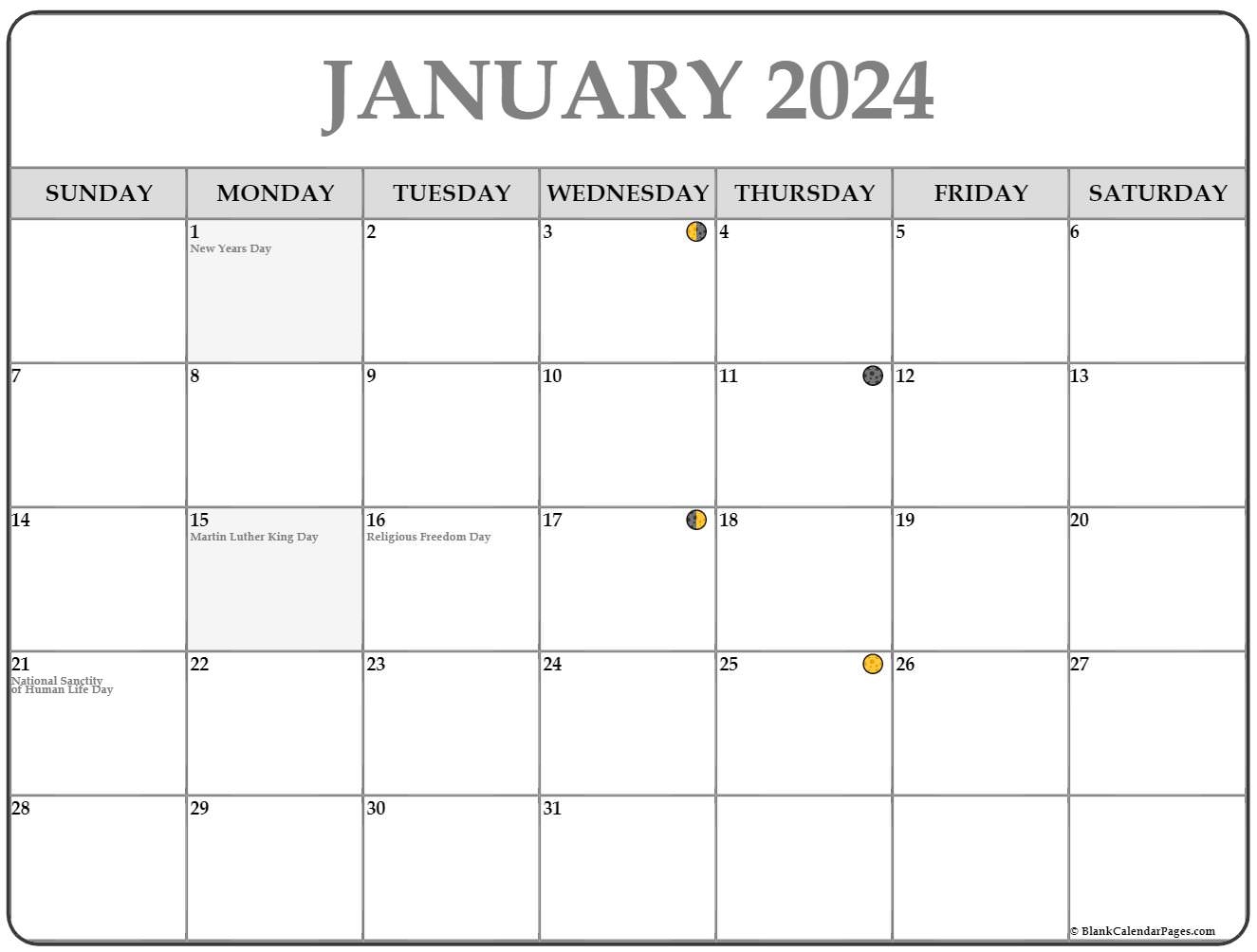 Full Moon Schedule For January 2024 Ailee Arliene | Free Printable 2024 Monthly Calendar With Holidays And Moon Phases