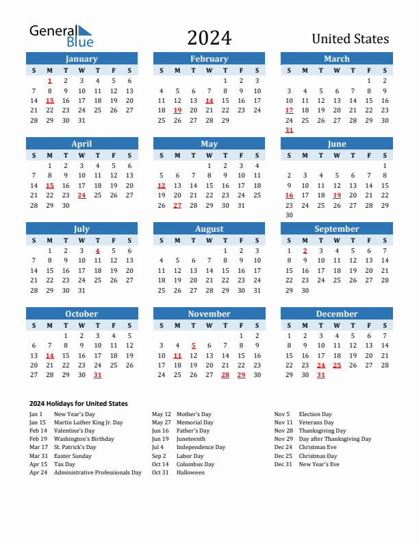 General Blue Calendar 2024 Usa Calendar 2024 With Holidays - Free Printable Calendar 2024 General Blue
