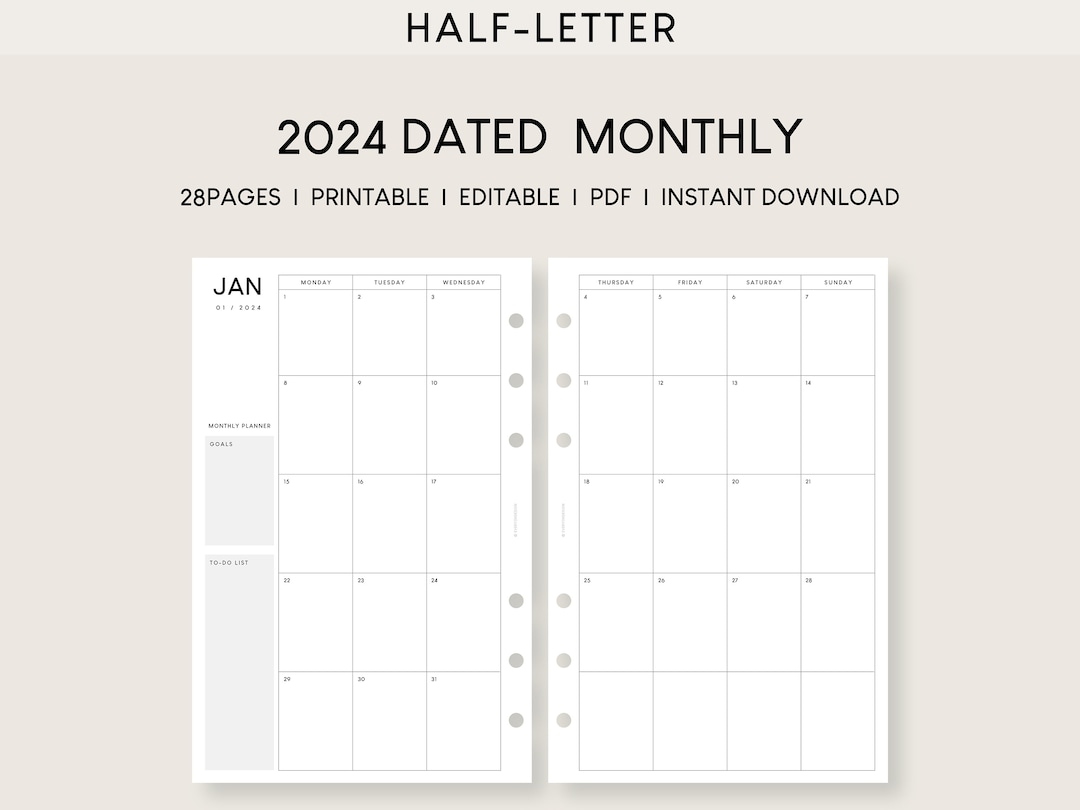 Half Letter 2024 Monthly Calendar Printable Template Editable inside Free Printable Calendar 2024 Half Letter