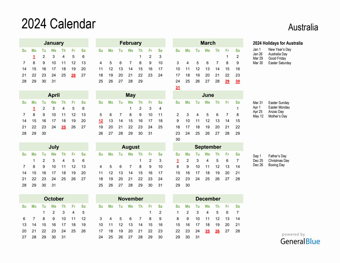 Holiday Calendar 2024 For Australia (Sunday Start) for Free Printable Calendar 2024 Australia