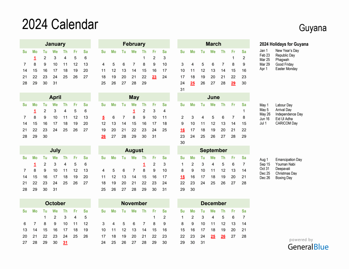 Holiday Calendar 2024 For Guyana (Sunday Start) pertaining to Free Printable Calendar 2024 Trinidad