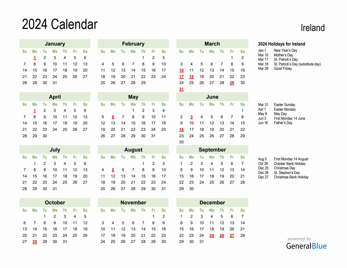 Holiday Calendar 2024 For Ireland (Sunday Start) throughout Free Printable Calendar 2024 Ireland