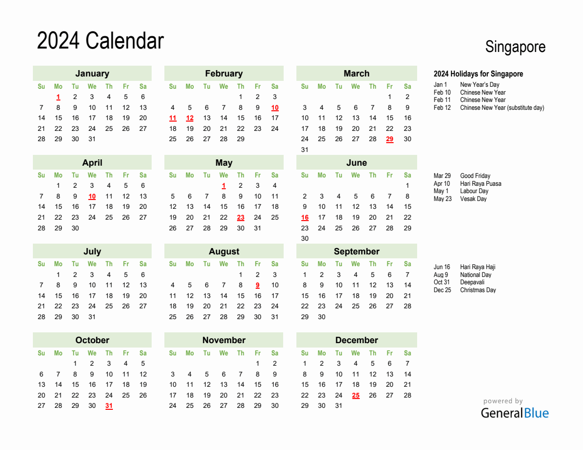 Holiday Calendar 2024 For Singapore (Sunday Start) regarding Free Printable Calendar 2024 Singapore