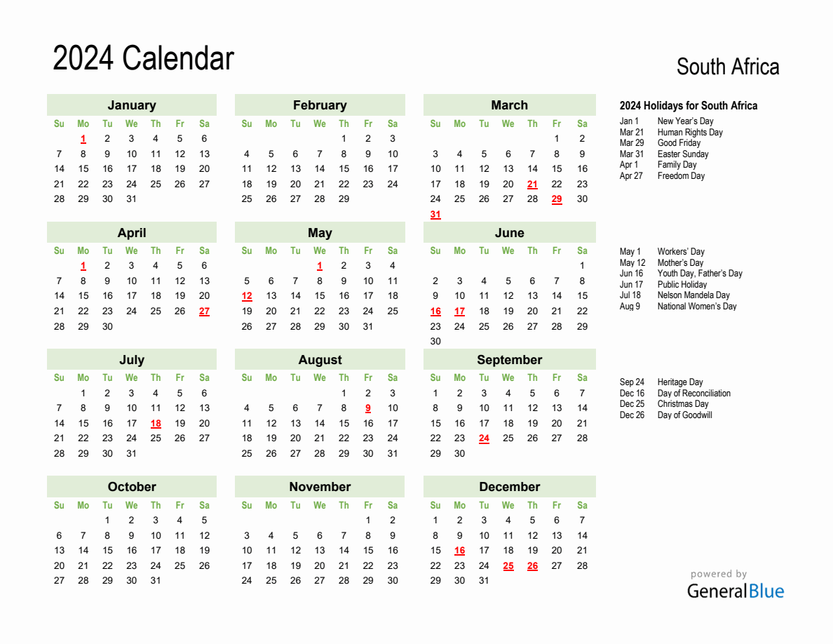 Holiday Calendar 2024 For South Africa (Sunday Start) pertaining to Free Printable Calendar 2024 South Africa