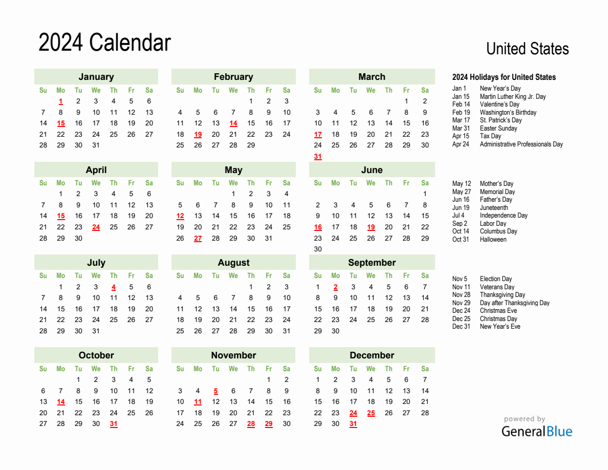 Holiday Calendar 2024 For United States (Sunday Start) for Free Printable Calendar 2024 With Holidays Usa