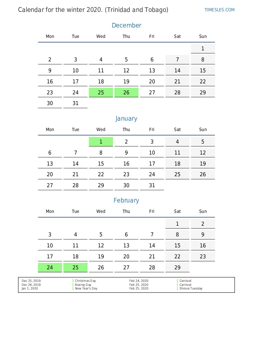 Free Printable 2024 Calendar With Holidays For Trinidad And Tobago