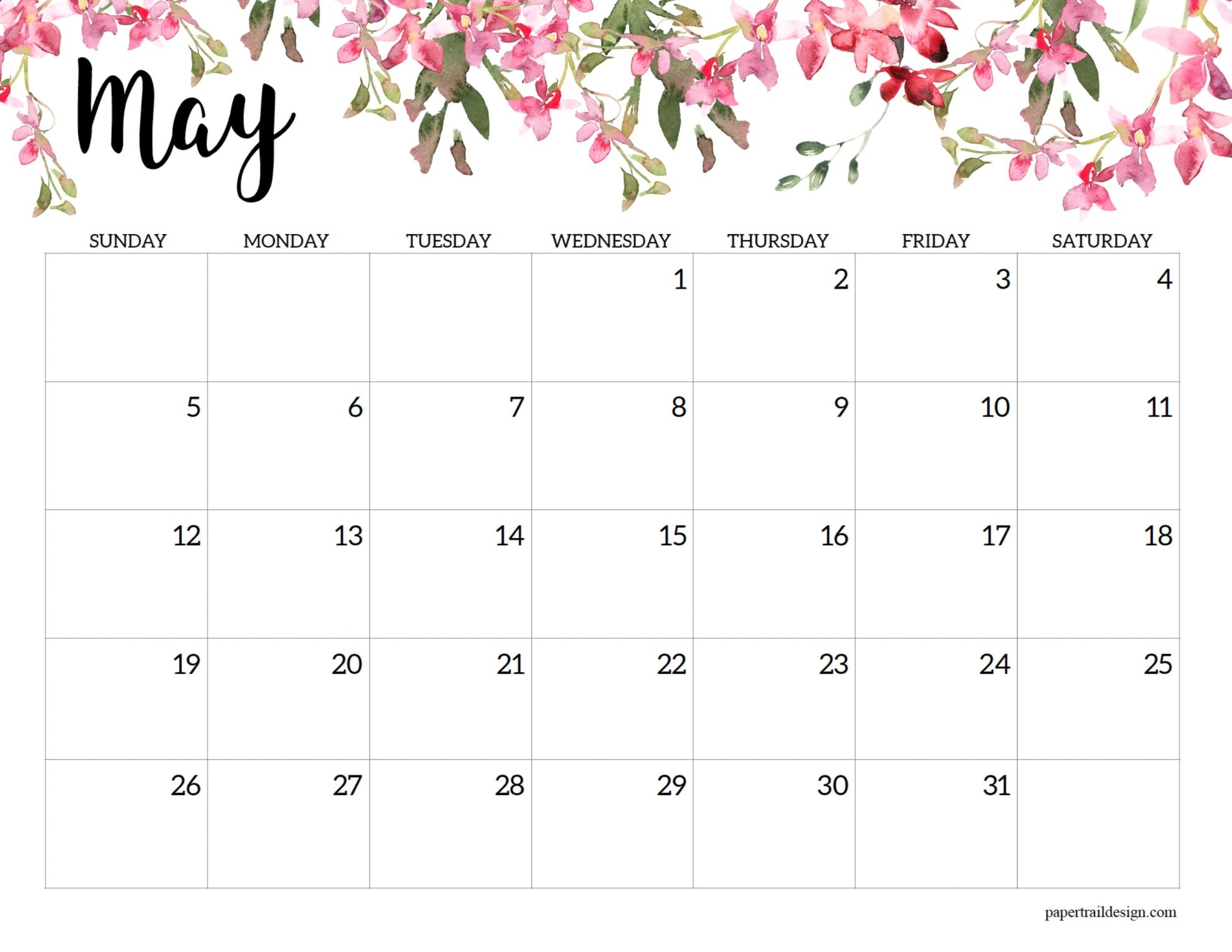 Horizontal Floral Printable Calendar -2024 - Paper Trail Design pertaining to Free Printable Calendar 2024 Horizontal