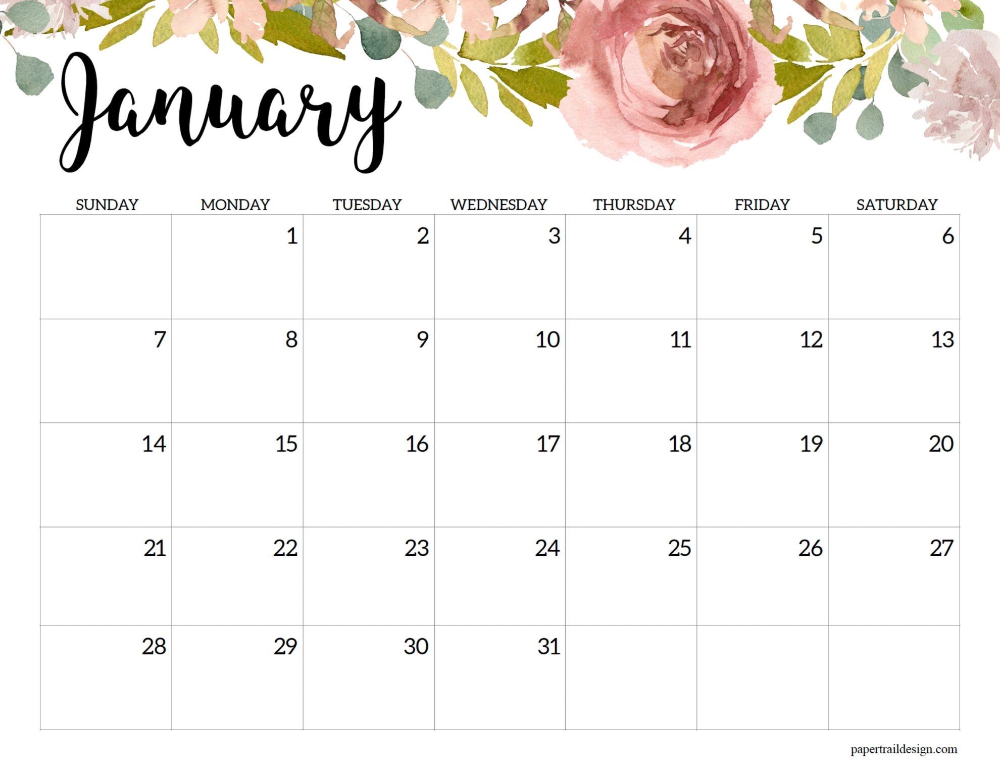 Horizontal Floral Printable Calendar -2024 - Paper Trail Design within Free Printable Calendar 2024 Horizontal