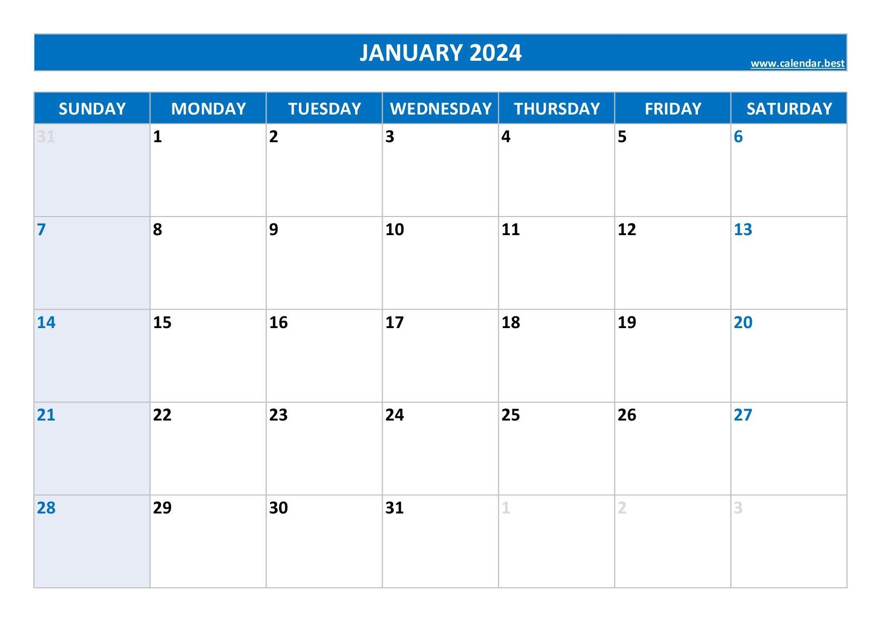 January 2024 Calendar -Calendar.best regarding Free Printable Blank Calendar 2024 Pdf
