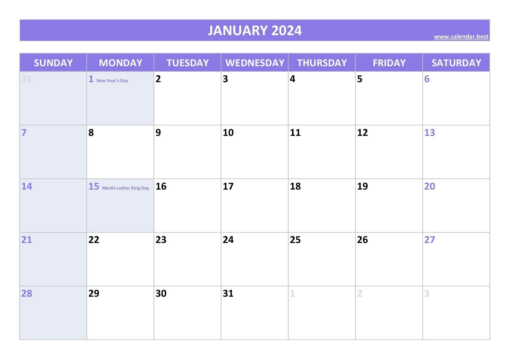 January 2024 Calendar -Calendar.best with Free Printable Calendar 2024 January Purple
