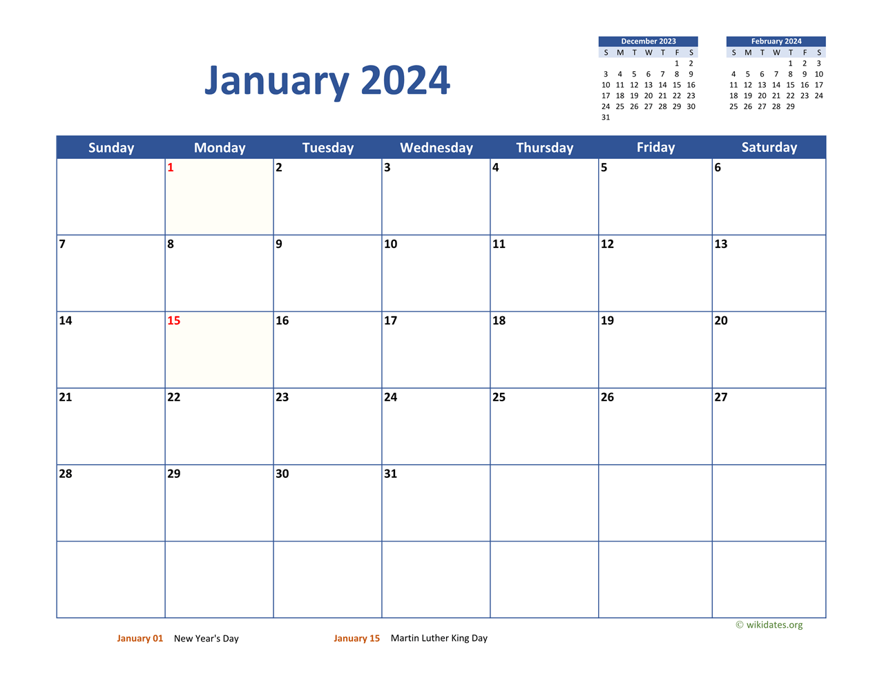 January 2024 Calendar Classic WikiDates - Free Printable 2024 January Calendar