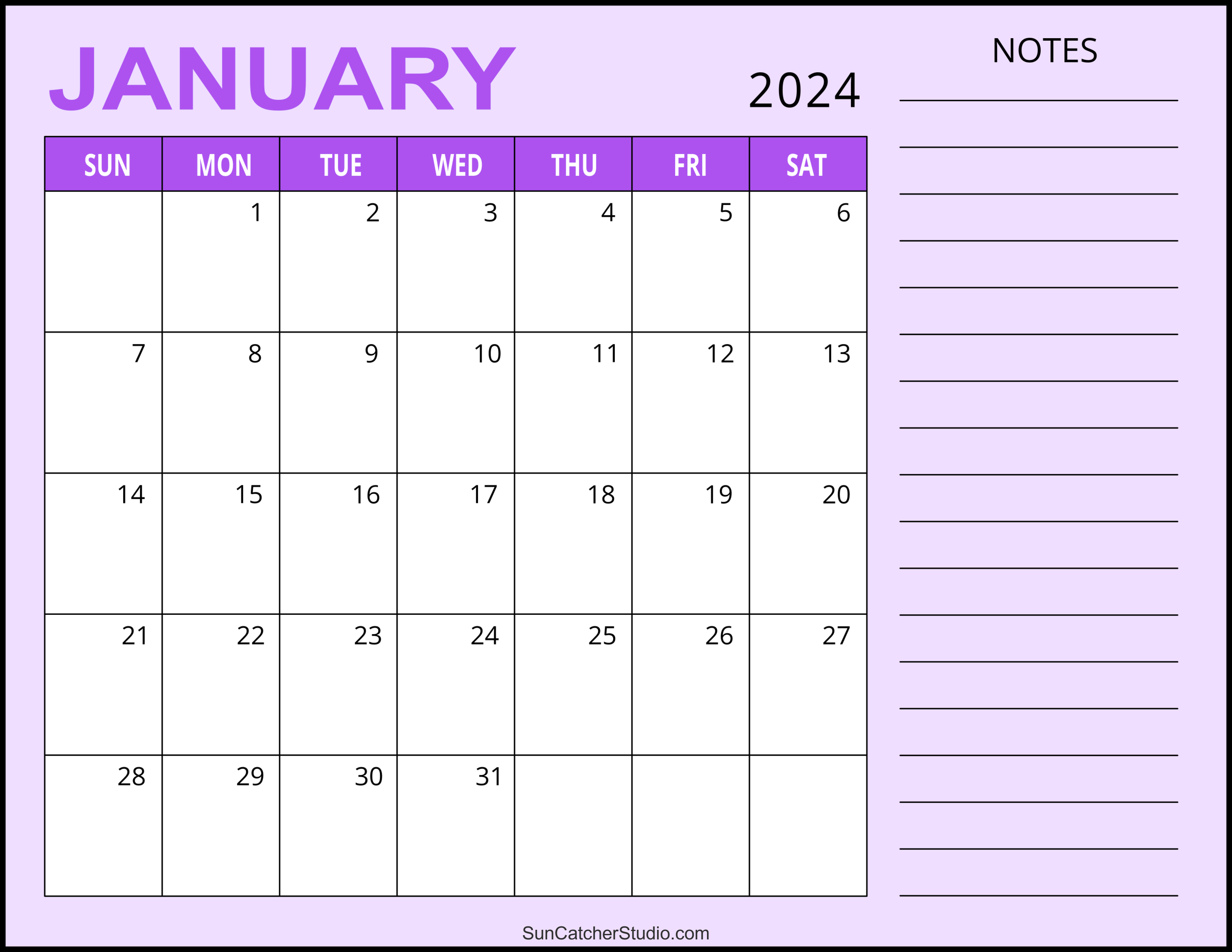 January 2024 Calendar (Free Printable) – Diy Projects, Patterns for Free Printable Calendar 2024 January Purple
