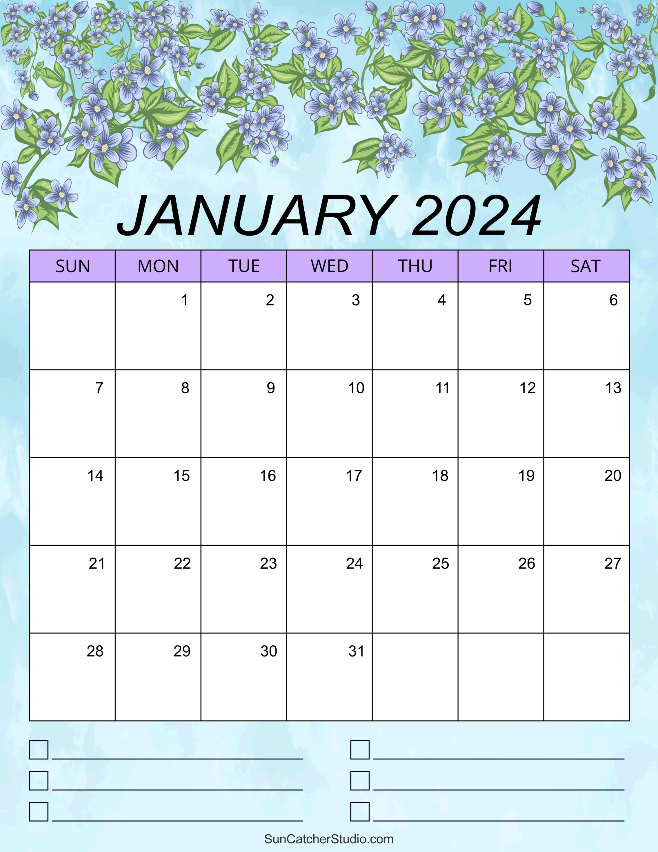January 2024 Calendar (Free Printable) – Diy Projects, Patterns throughout Free Printable Calendar 2024 January Purple