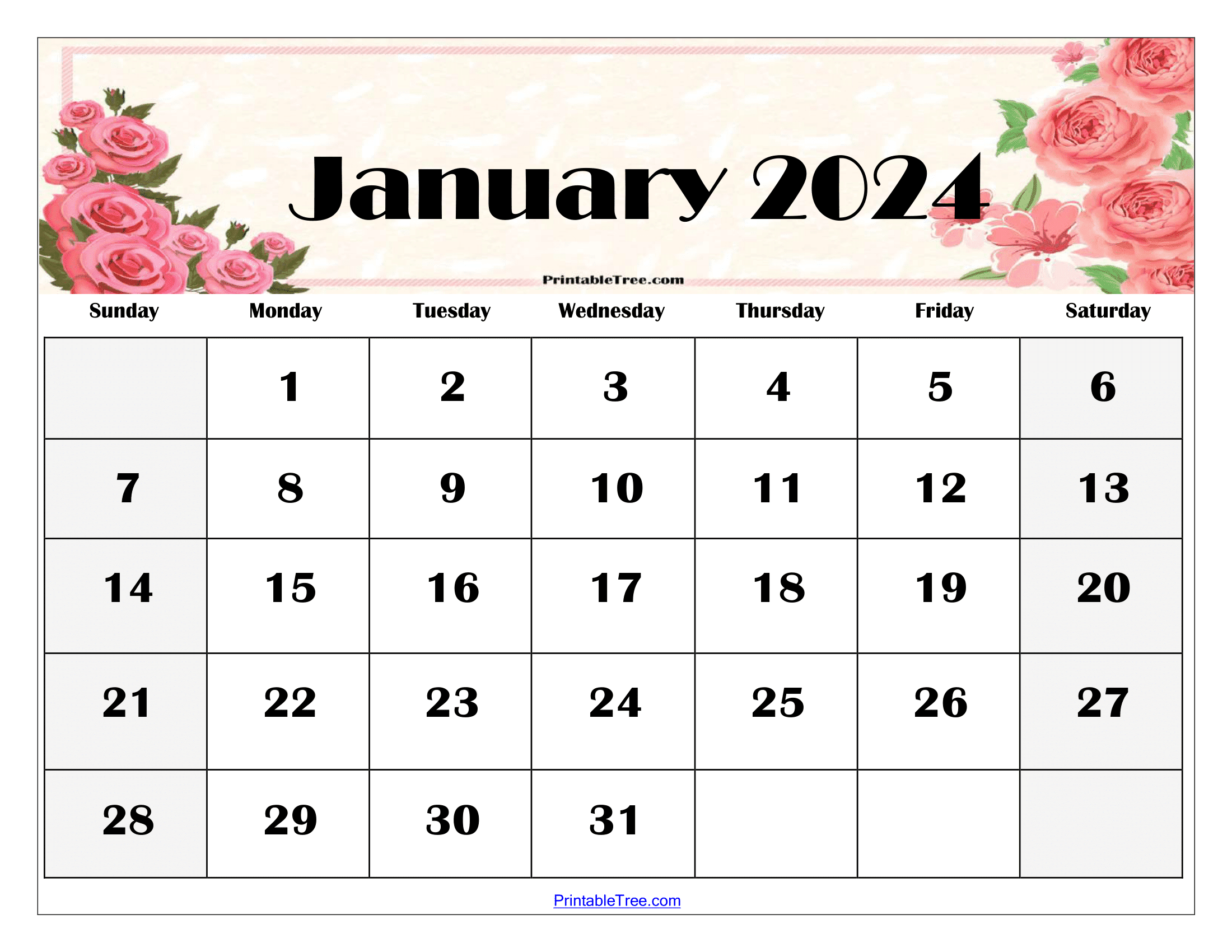 January 2024 Calendar Printable PDF Template With Holidays - Free Printable 2024 Floral Full Page Calendar