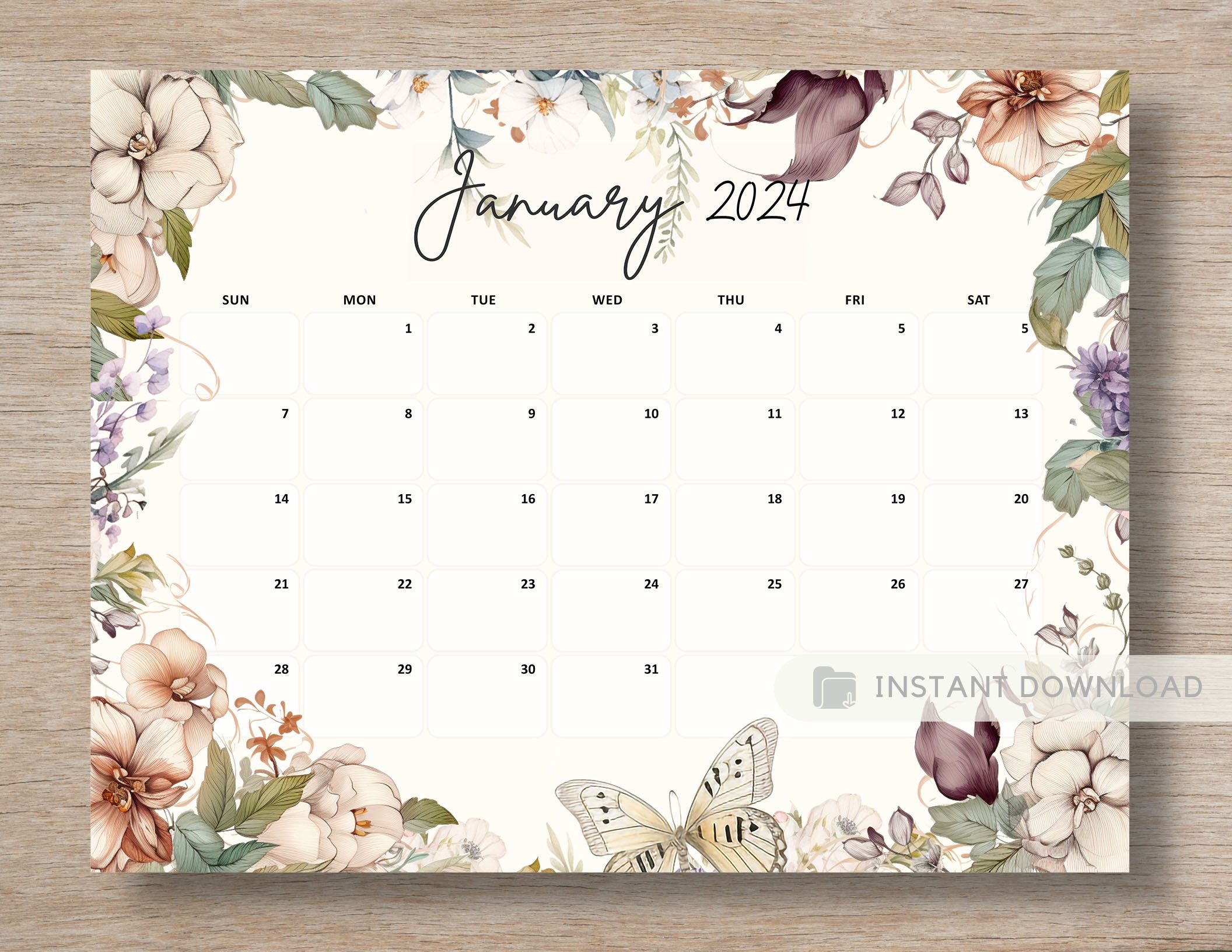January 2024 Calendar Printable Planner Beautiful Vintage Flowers regarding Free Printable Butterfly Calendar 2024