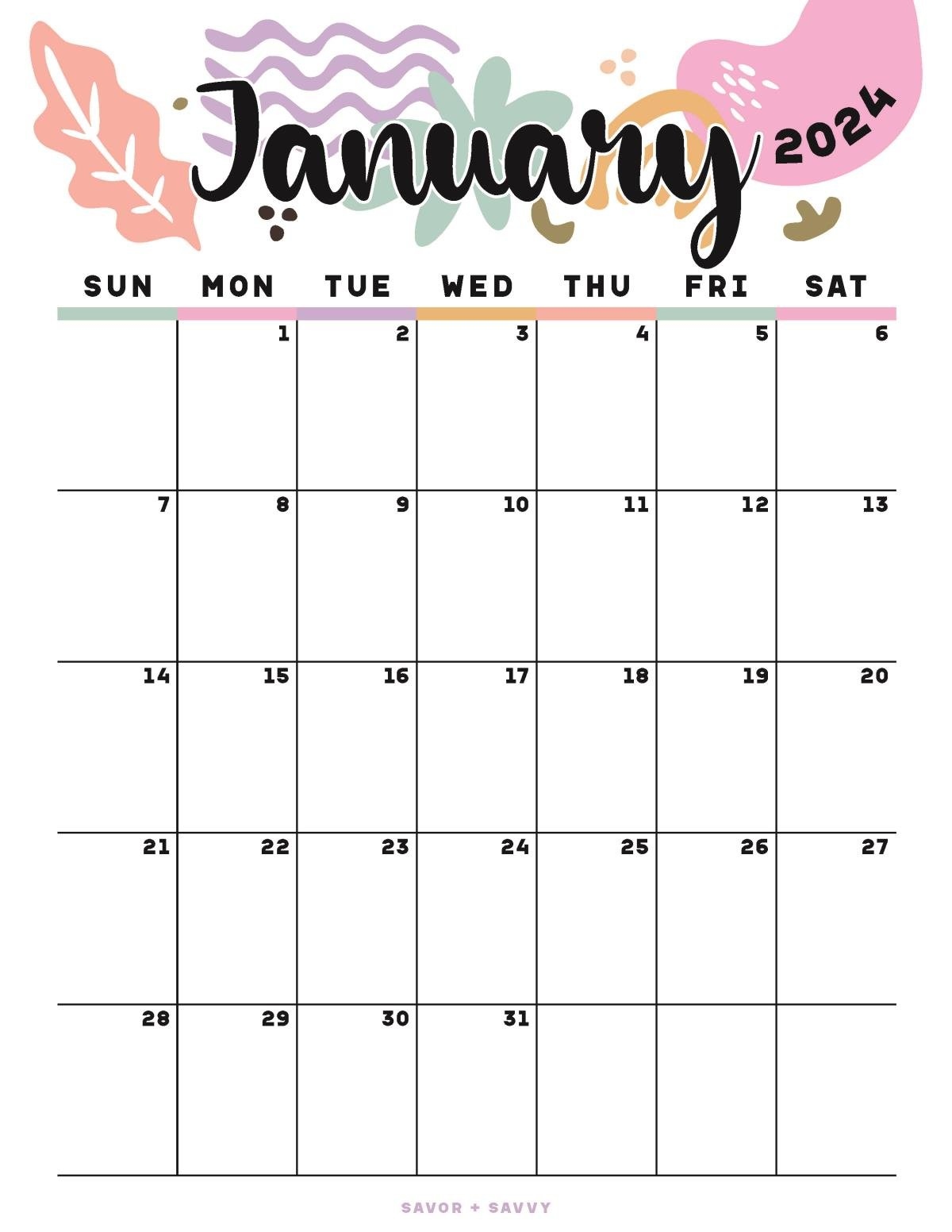 January 2024 Calendar Templates - 14 Free Printables - Savor + Savvy in Free Printable Calendar 2024 January Purple