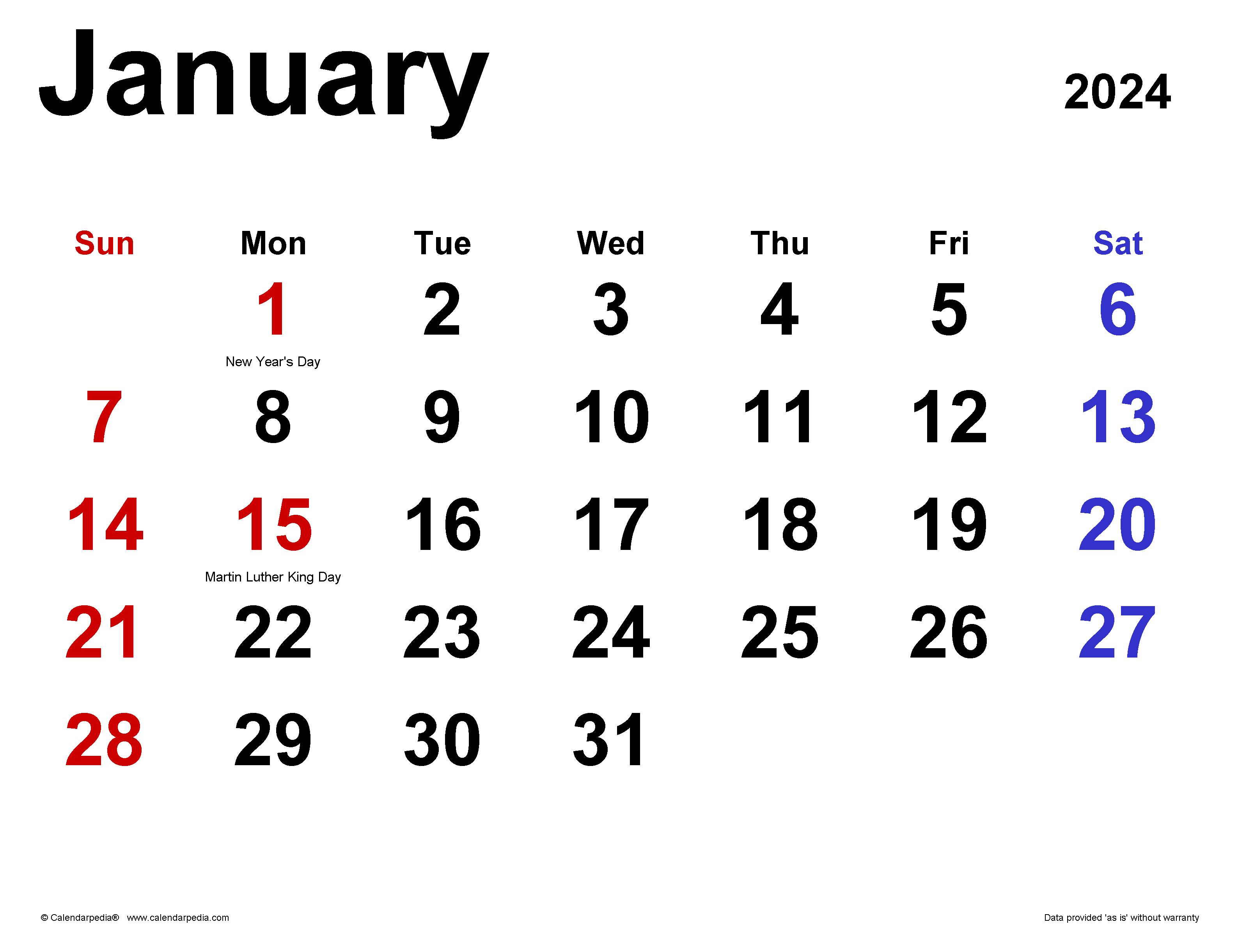January 2024 Calendar Templates For Word Excel And PDF - Free Printable A4 Calendar January 2024