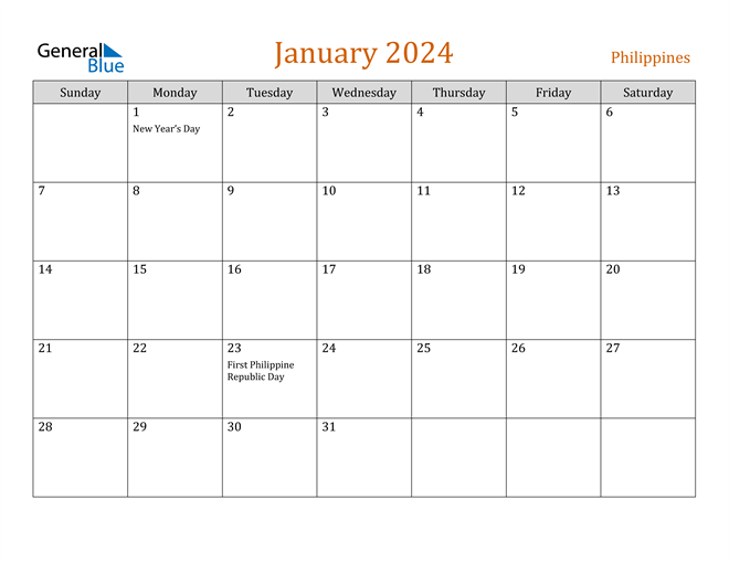 January 2024 Calendar With Philippines Holidays - Free Printable 2024 Monthly Calendar With Holidays Philippines