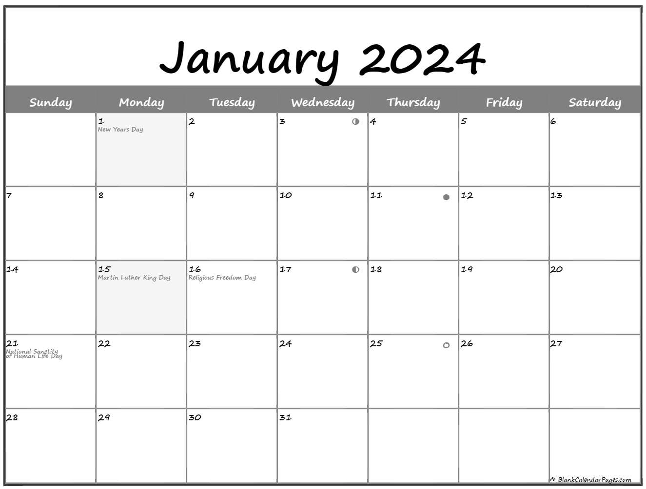 January 2024 Lunar Calendar Moon Phase Calendar - Free Printable 2024 Monthly Calendar With Holidays Moon Phases
