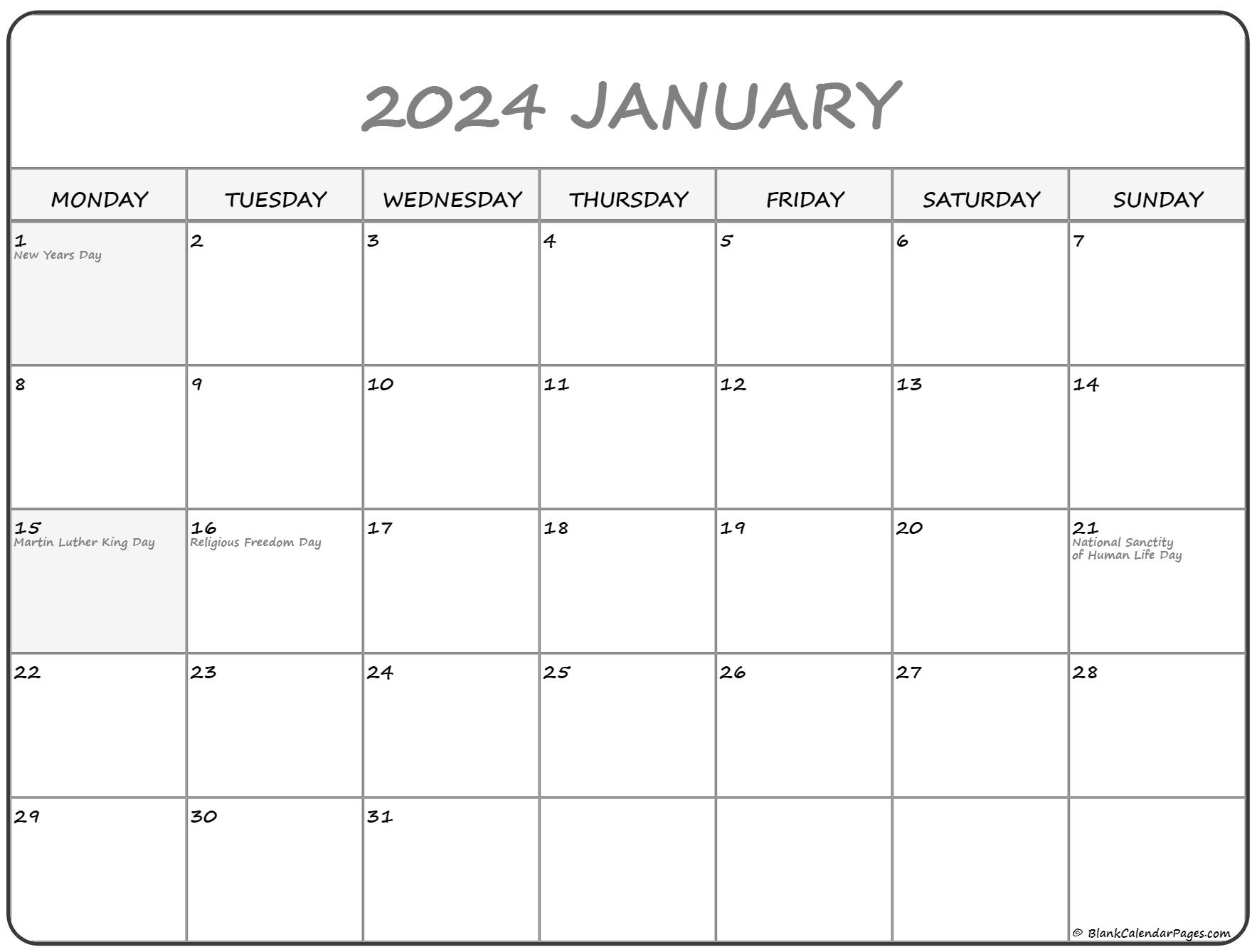 January 2024 Monday Calendar | Monday To Sunday for Free Printable Calendar 2024 Starting With Monday