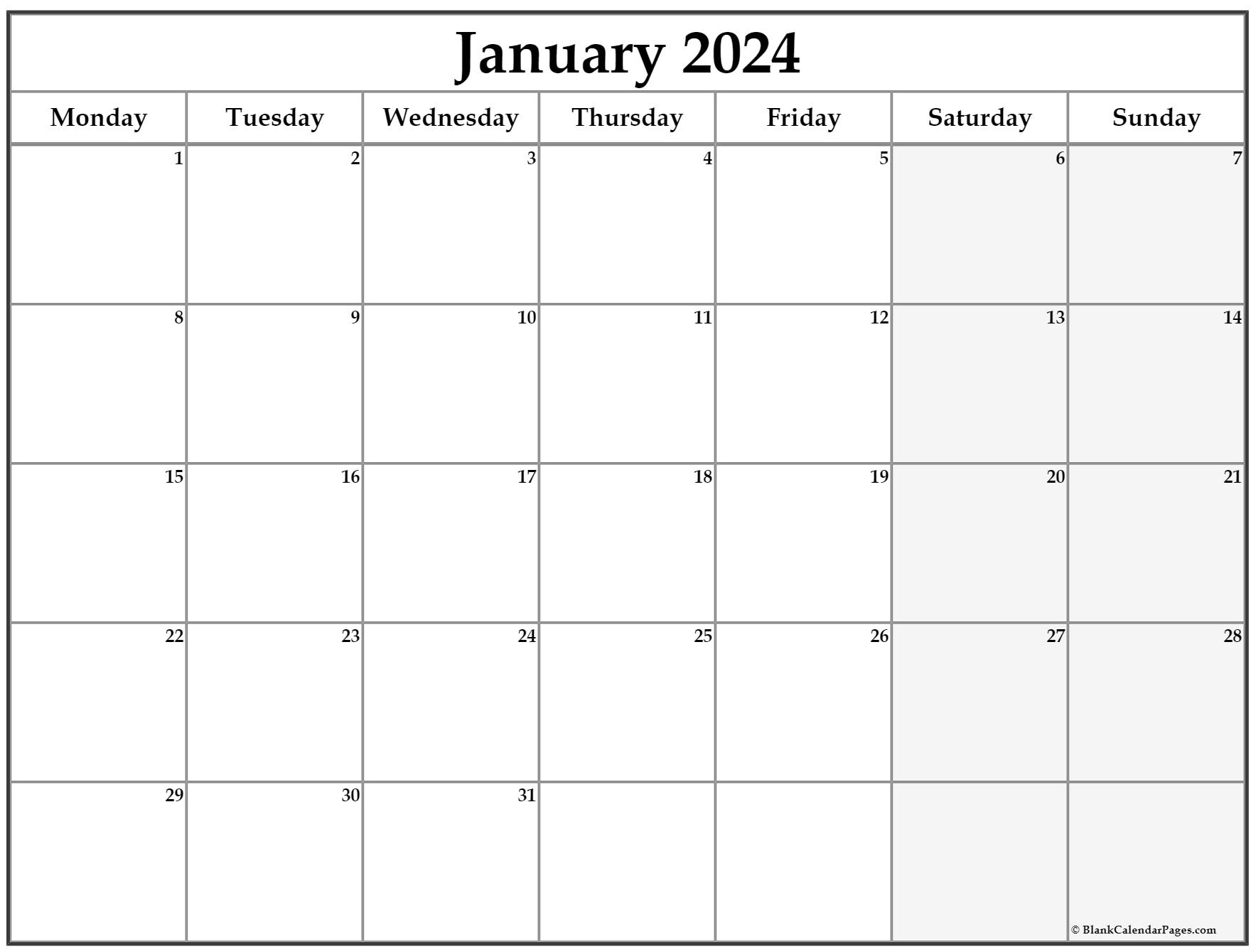January 2024 Monday Calendar | Monday To Sunday in Free Printable Calendar 2024 Monday Star