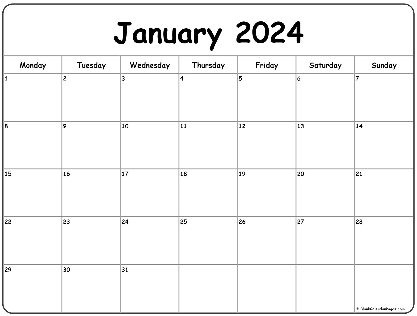 January 2024 Monday Calendar | Monday To Sunday in Free Printable Calendar 2024 Monday Through Friday
