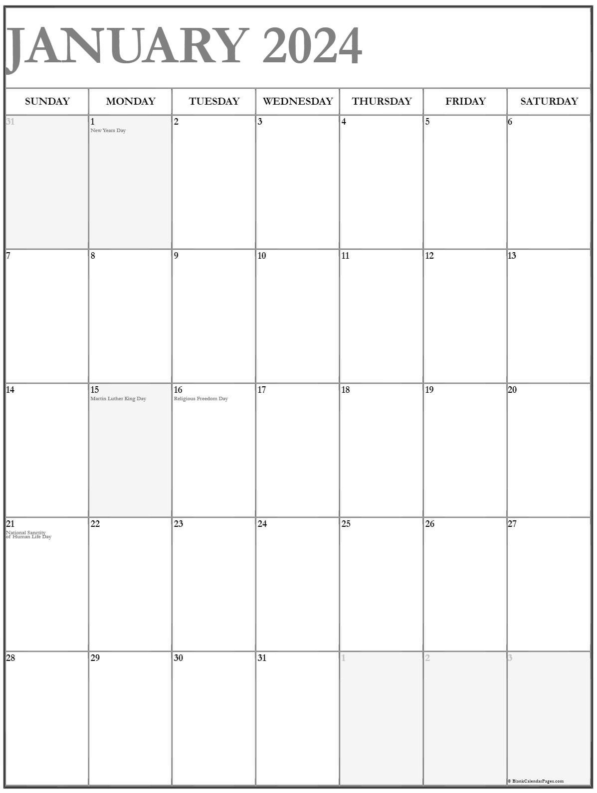 January 2024 Vertical Calendar Portrait - Free Printable 2024 Monthly Calendar With Holidays No Download