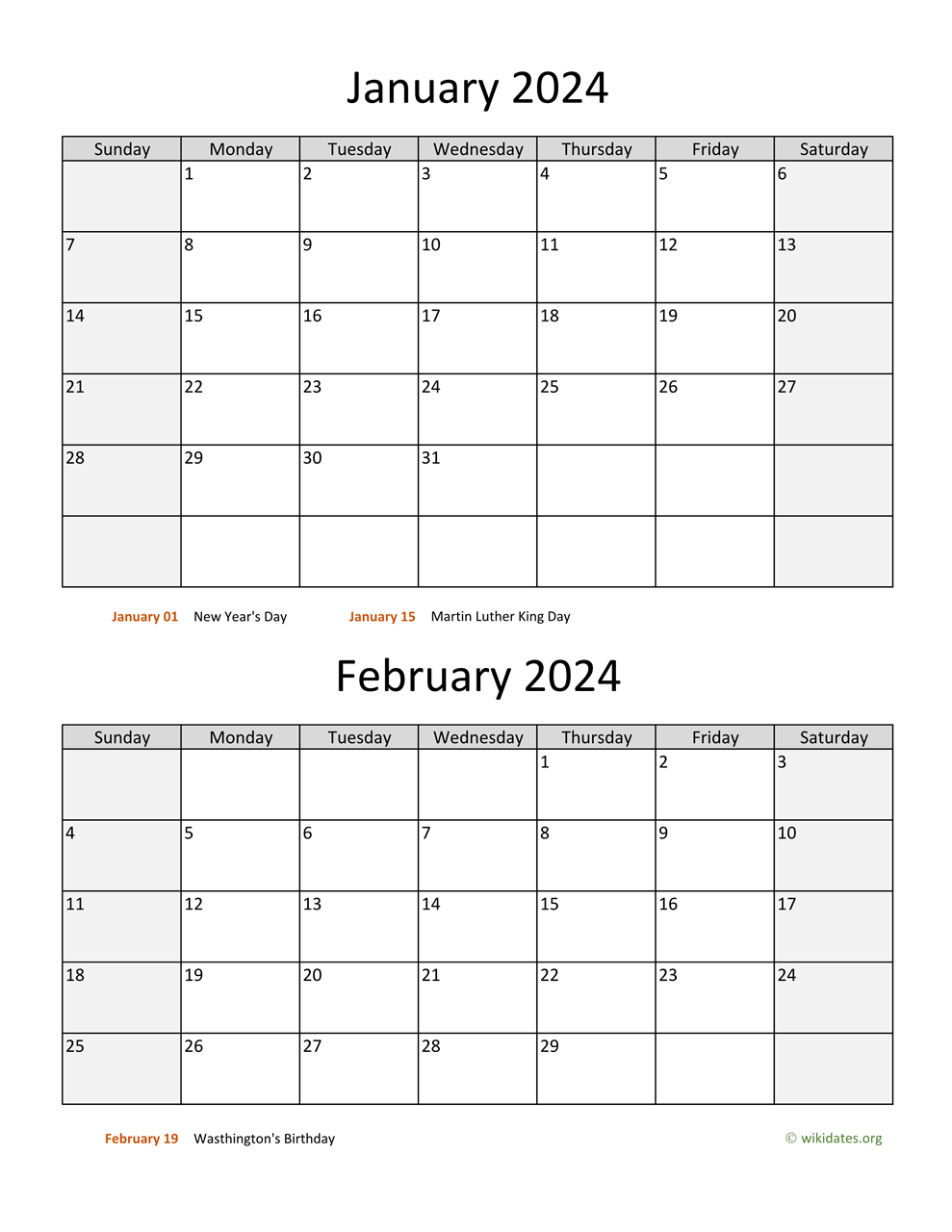 January And February 2024 Calendar WikiDates | Free Printable 2024 January February Calendar