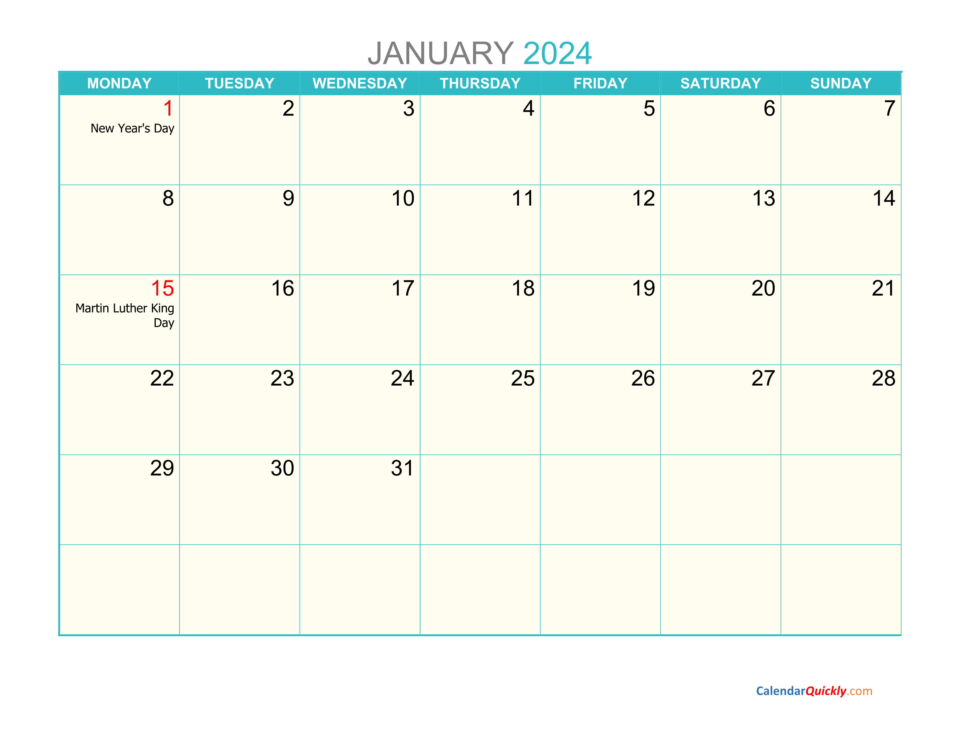 January Monday 2024 Calendar Printable Calendar Quickly - Free Printable 2024 Monthly Calendar With Monday Start