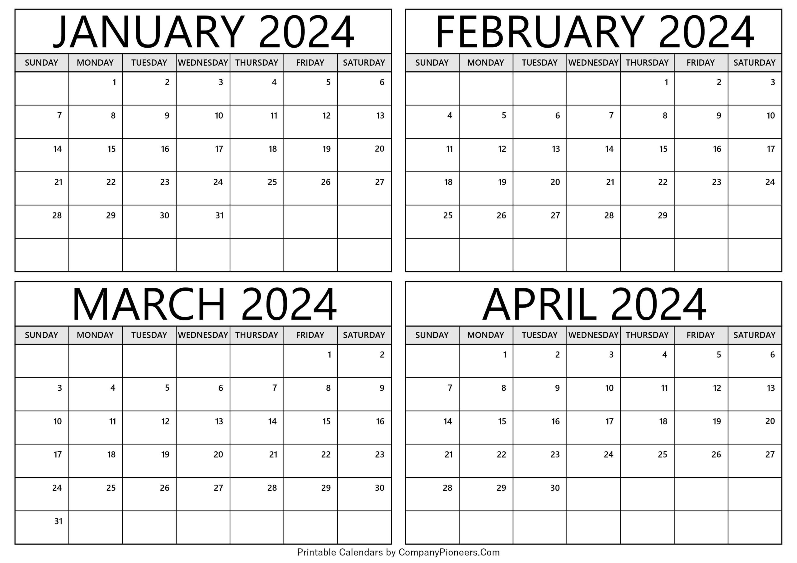 January To April 2024 Calendar Printable Template - Free Printable April 2024 Calendar Page