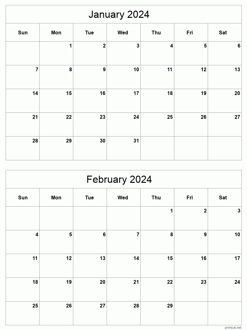 January To February 2024 Printable Calendar | Two Months Per Page within Free Printable Calendar 2024 2 Months Per Page