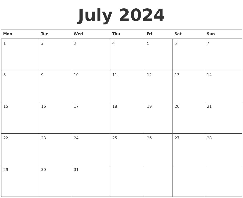 July 2024 Calendar Printable - Free Printable 2024 July And August Calendar