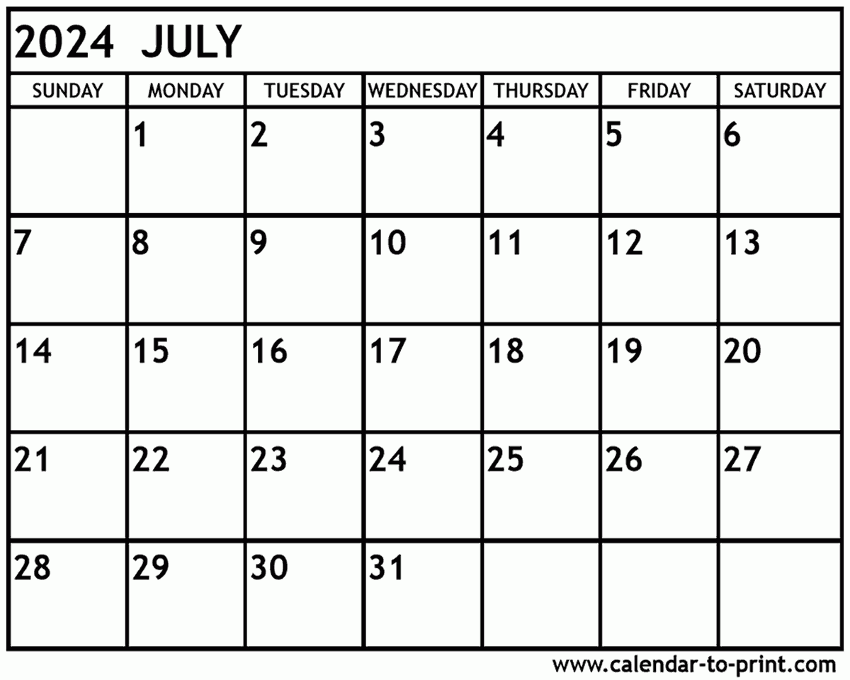 July 2024 Calendar Printable for Free Printable Blank Calendar July 2024