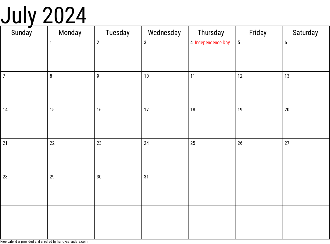 July 2024 Calendar With Holidays | Free Printable 2024 Monthly Calendar With Holidays July