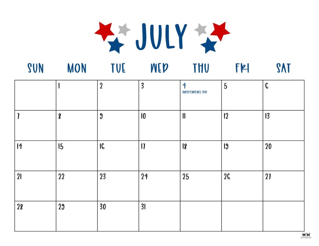 July 2024 Calendars - 50 Free Printables | Printabulls inside Free Printable Blank Calendar July 2024