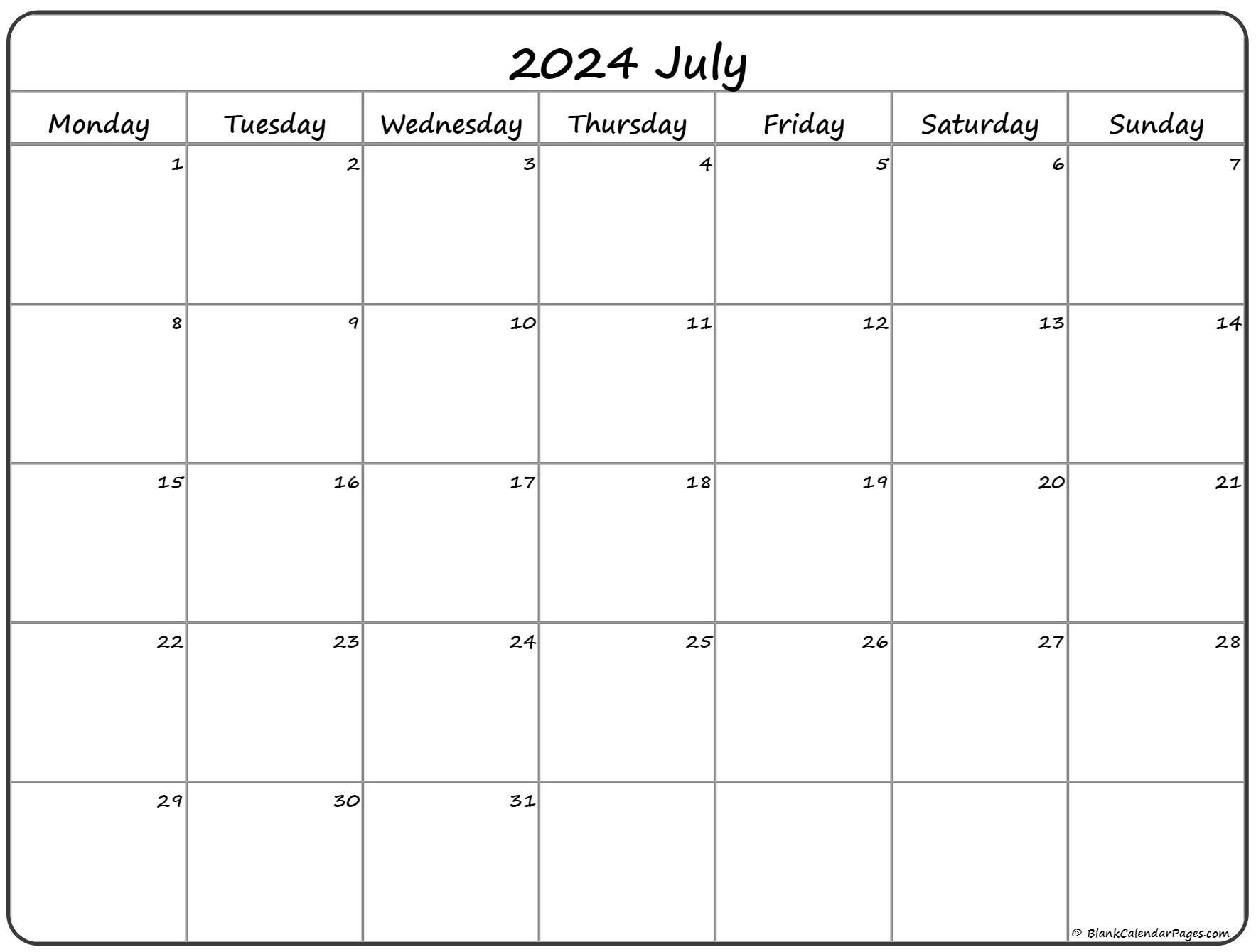 July 2024 Monday Calendar Monday To Sunday - Free Printable 2024 Calendar Monday Start