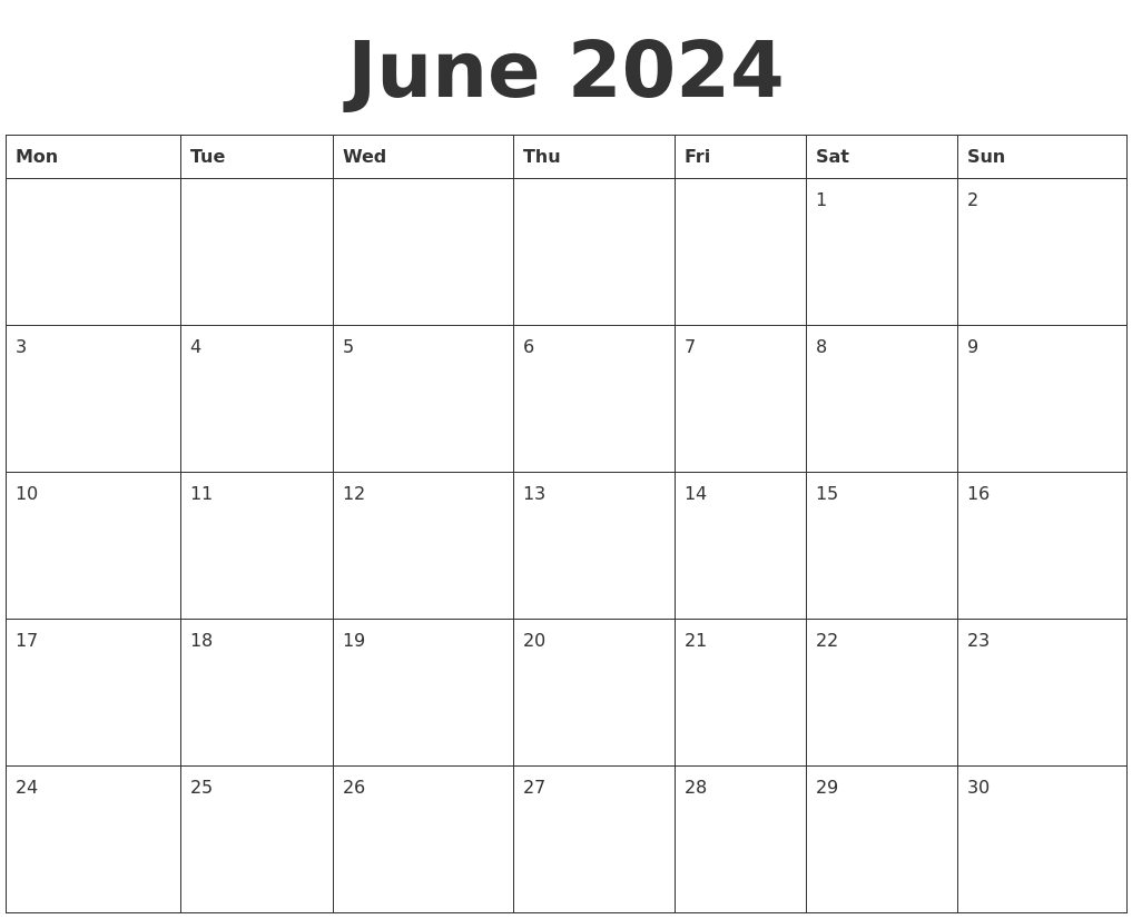June 2024 Blank Calendar Template - Free Printable 2024 June Calendar