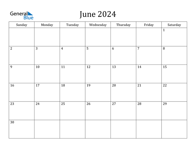 June 2024 Calendar PDF Word Excel - Free Printable Calendar 2024 General Blue