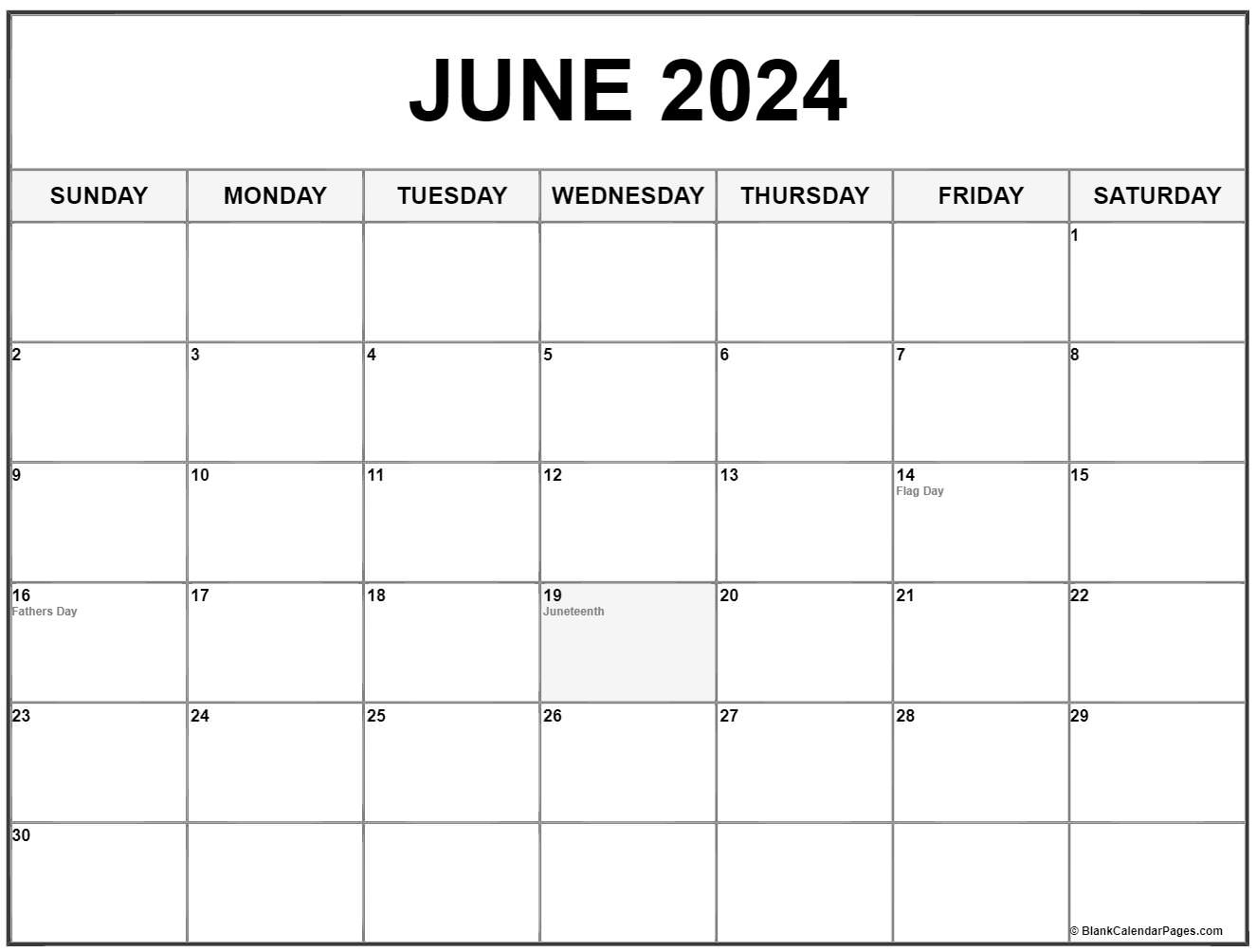 June 2024 Calendar With Holidays - Free Printable 2024 Monthly Calendar June
