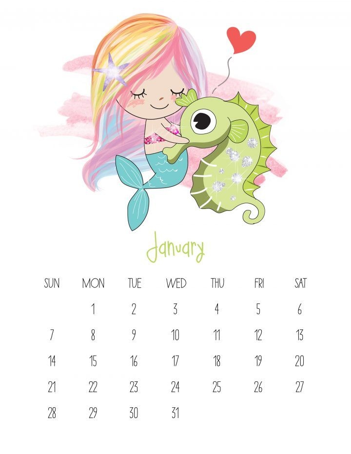 Kawaii Wall Calendar - Free Printable 2024 Kawaii Mermaid Calendar